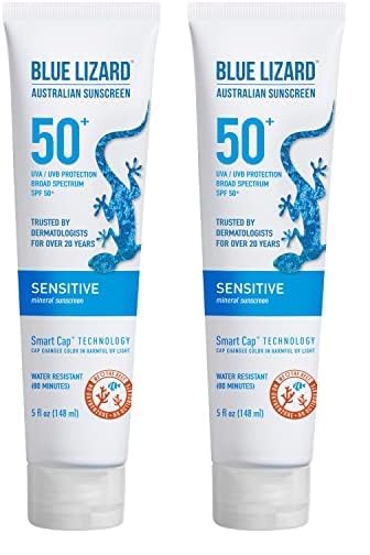 BLUE LIZARD Sensitive Mineral Sunscreen with Zinc Oxide 50+ Water Resistant UVAUVB Protection with Smart Cap Technology Fragrance Free, Sensitve, SPF 50 - - Tube, Unscented, 5 Fl Oz