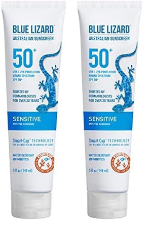 BLUE LIZARD Sensitive Mineral Sunscreen with Zinc Oxide 50+ Water Resistant UVAUVB Protection with Smart Cap Technology Fragrance Free, Sensitve, SPF 50 - - Tube, Unscented, 5 Fl Oz