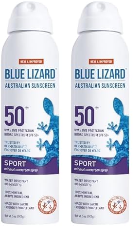 BLUE LIZARD Sport Mineral Sunscreen Spray SPF 50+, Dermatologist-Recommended Brand, Broad-Spectrum UVA/UVB Protection, Water-Resistant, Zinc Oxide Formula, Vegan, 5 fl oz