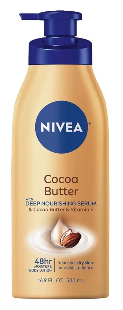NIVEA Cocoa Butter Body Lotion with Deep Nourishing Serum, Cocoa Butter and Vitamin E, 48-Hour Moisturizing Body Lotion for Dry Skin, Nourishes Dry Skin for Visible Radiance, 16.9 Fl Oz Pump Bottle