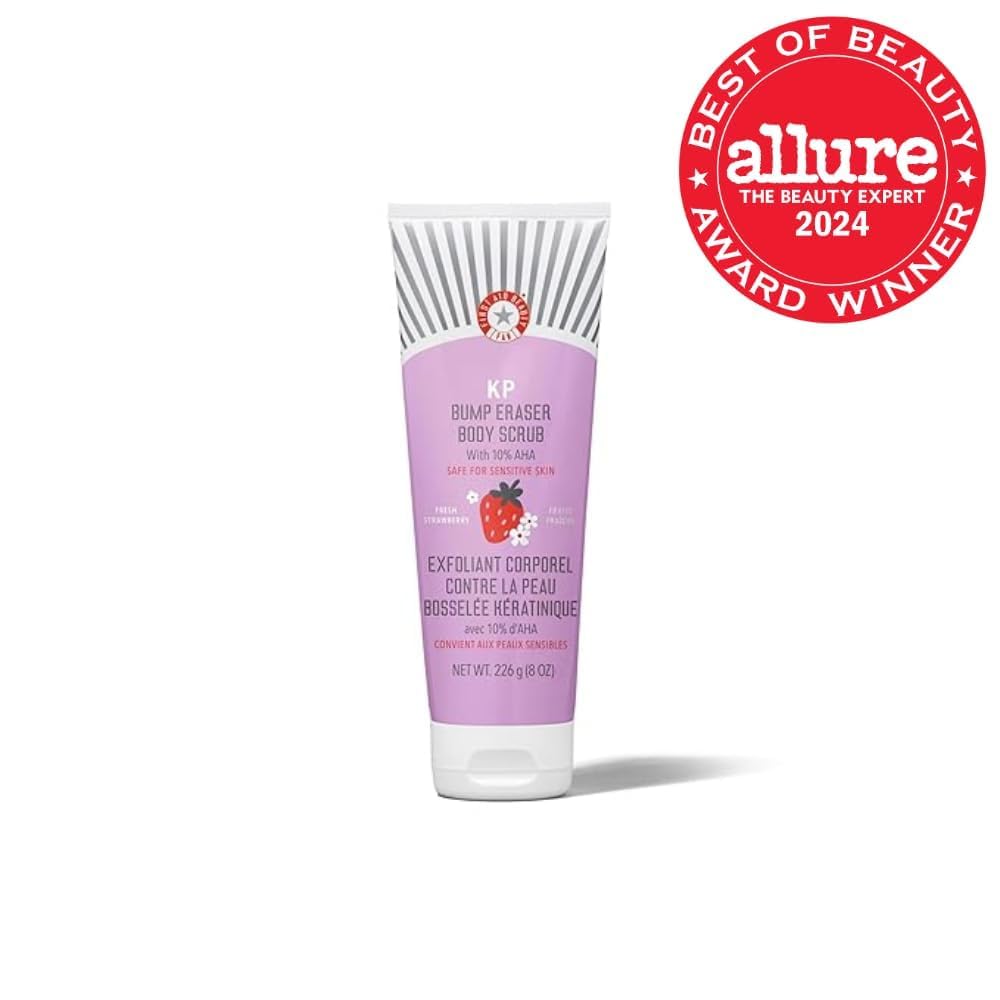 First Aid Beauty - KP Bump Eraser Body Scrub with 10% AHA, Keratosis Pilaris Exfoliator with Glycolic and Lactic acids, Helps Reduce Chicken Skin Bumps, Safe for Sensitive Skin, Strawberry Scent, 8 oz