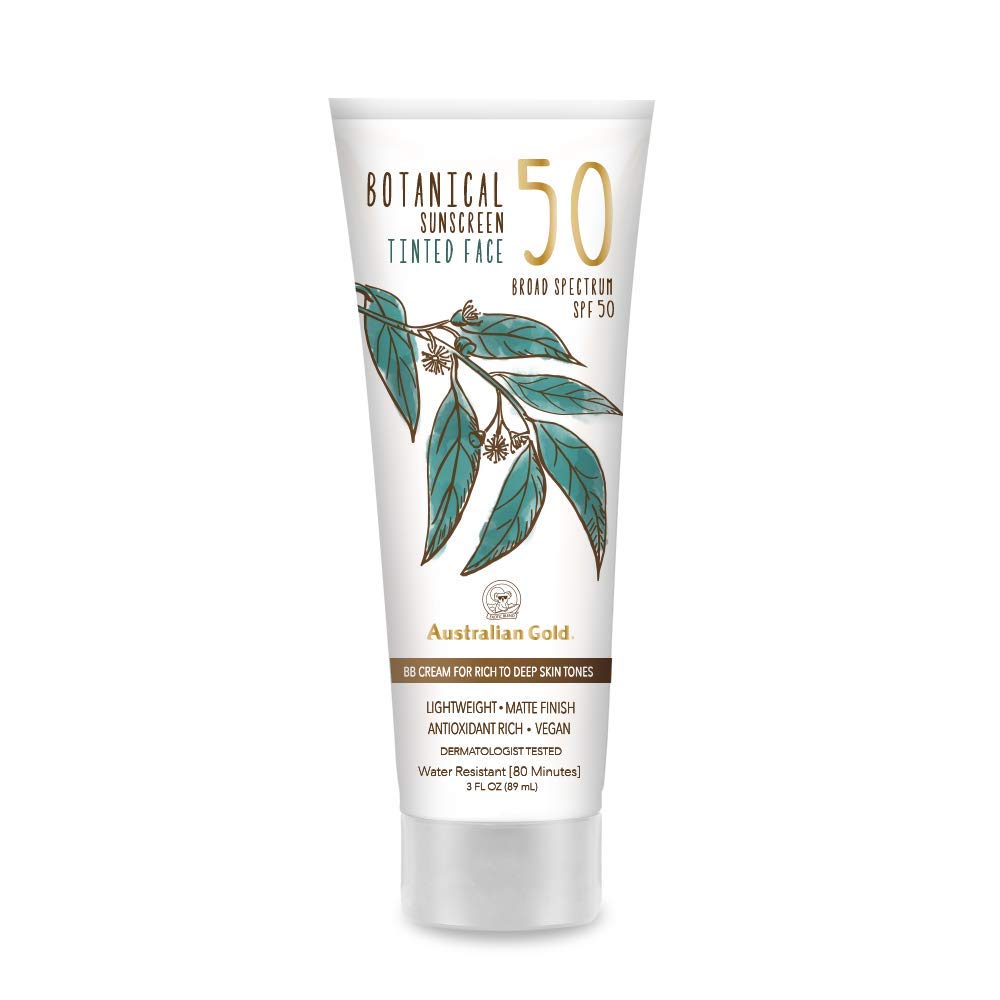 Australian Gold Botanical SPF 50 Tinted Mineral Sunscreen for Face, Non-Chemical BB Cream, Water-Resistant, Matte Finish, For Sensitive Facial Skin, Medium to Tan Skin Tones, 3 FL Oz