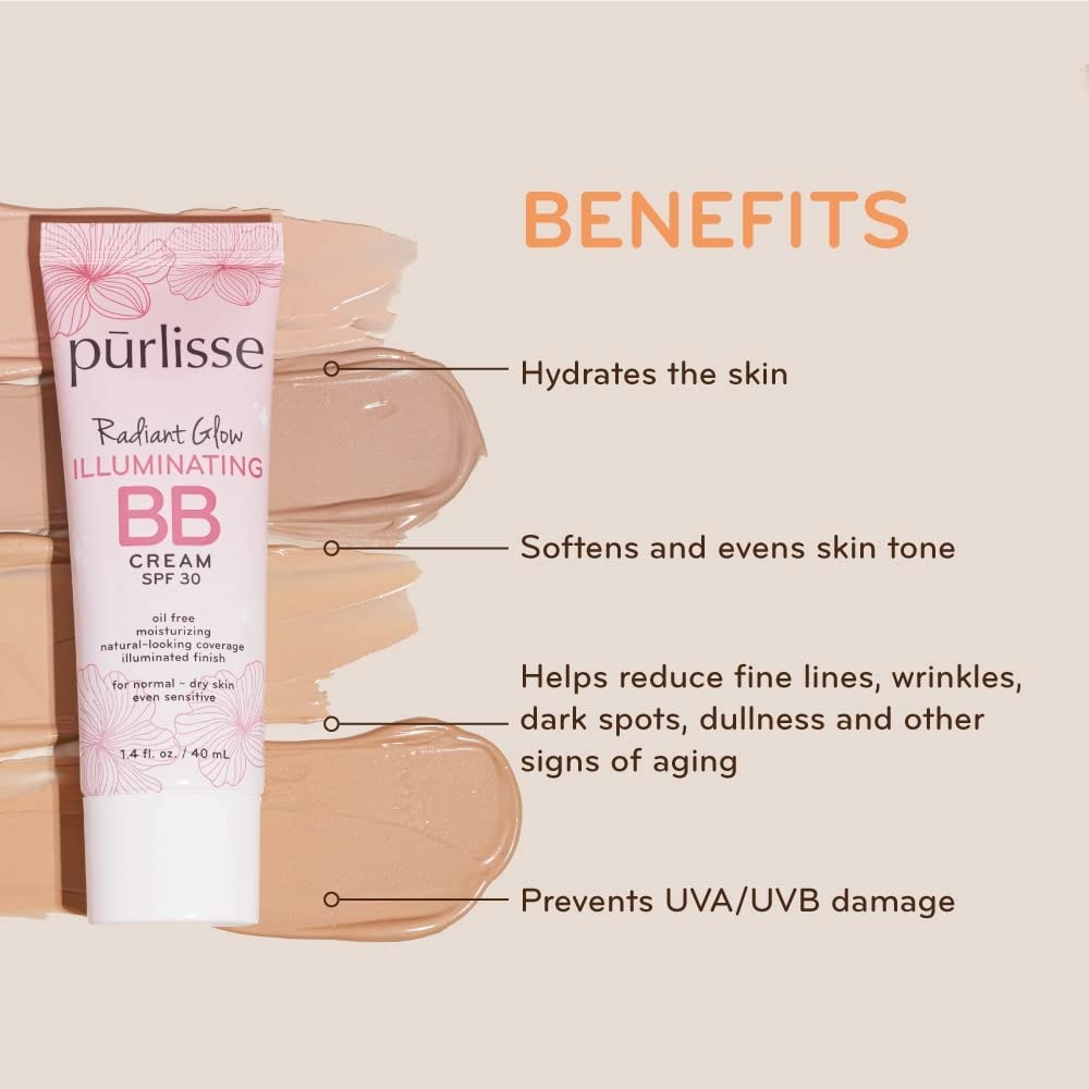pūrlisse Radiant Glow Illuminating BB Cream with SPF 30 - Glow BB Cream Enriched with Goji & Hawthorn Berry for Dewy Skin - Helps to Improve Skin Texture & Radiance - Tan Deep (1.4 oz)