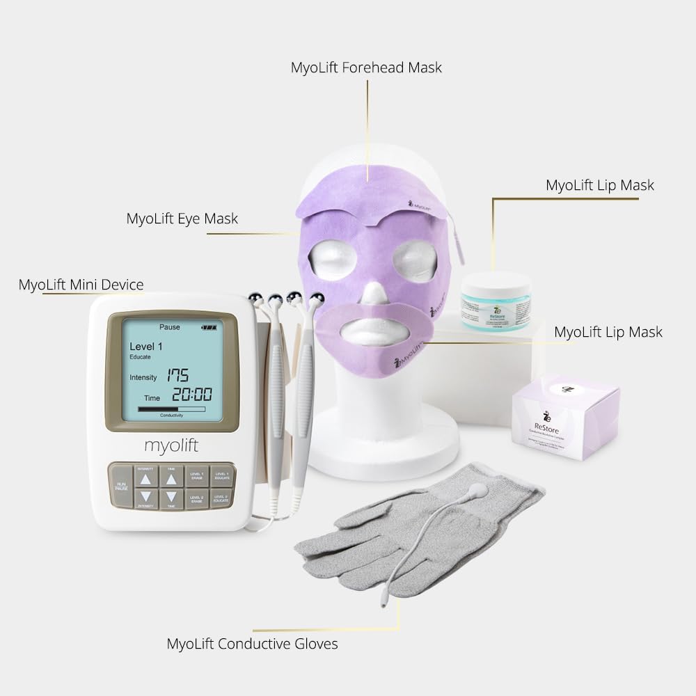 7E Wellness MyoLift Mini Bundle – Mini Microcurrent Facial Device with Conductive Eye Mask, Forehead & LipMasks, Conductive Gloves & RestoreGel –Non-Invasive Skin Care for Anti-Aging & Skin Tightening