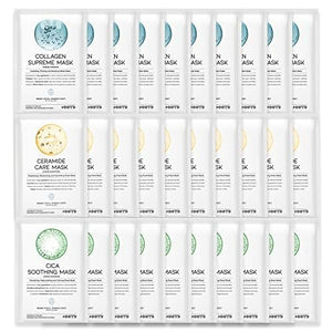 Hydrating Soothing Sheet Masks Gift Set for Skincare, Korean Vegan Sheet Mask for Dry, Sensitive Skin, Calming, Smoothing, Brightening, Collagen, Ceramide, Cica, Hyaluronic Acid 30EA