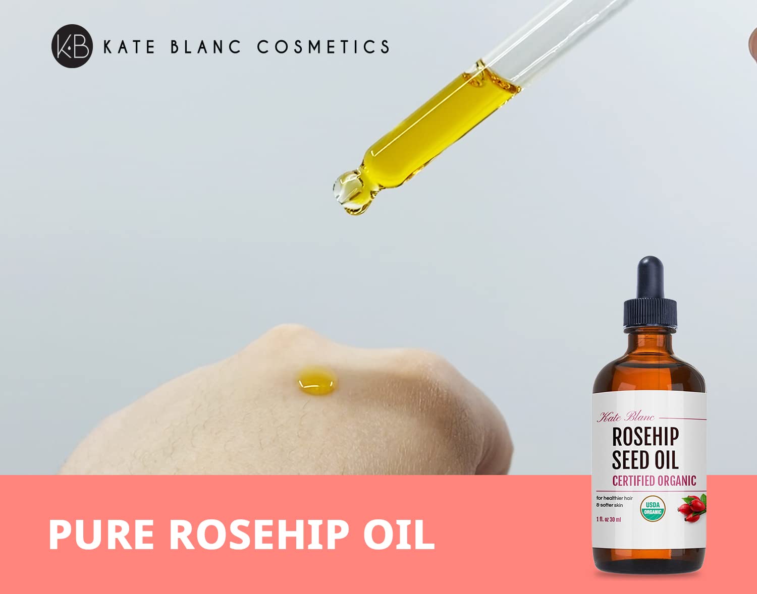 Kate Blanc Cosmetics Rosehip Oil for Face & Skin (1oz, Organic, Pure, Cold Pressed) Rosehip Seed Face Oil for Facial & Gua Sha Massage