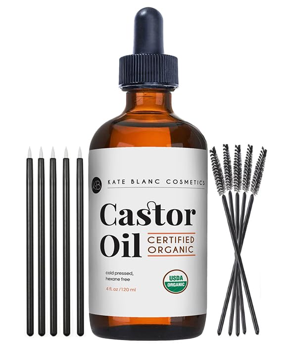 Kate Blanc Cosmetics Castor Oil Organic (2oz), 100% Pure, Cold Pressed, Hexane Free. Natural Oil for Hair, Eyelashes, Eyebrows. Skin Moisturizer with Starter Kit