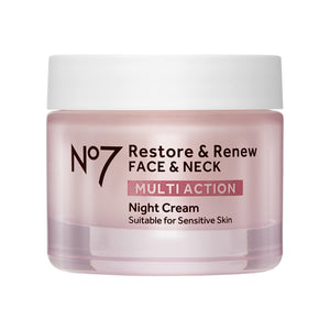 No7 Restore & Renew Multi Action Face & Neck Cream - Nighttime Collagen Peptide Facial Moisturizer - Anti Aging Face Cream Enriched with Hyaluronic Acid, Shea Butter + Vitamin E to Firm Skin (50ml)