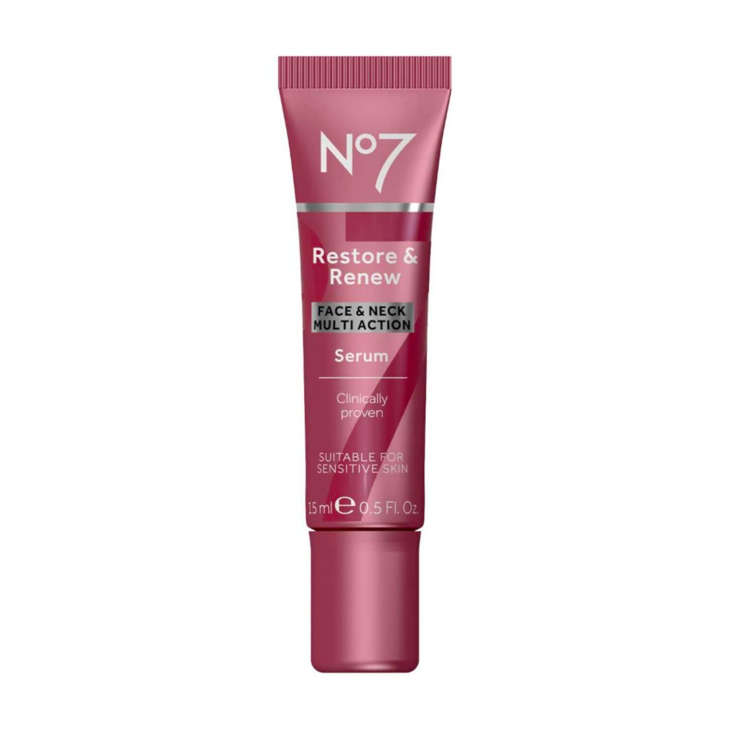 No7 Restore & Renew Multi-Action Face & Neck Serum - Anti Aging Face Serum for Women with Deep Wrinkle Repair - Collagen Infused with Hydrating Hibiscus Peptides & Hyaluronic Acid (0.5 Fl Oz)