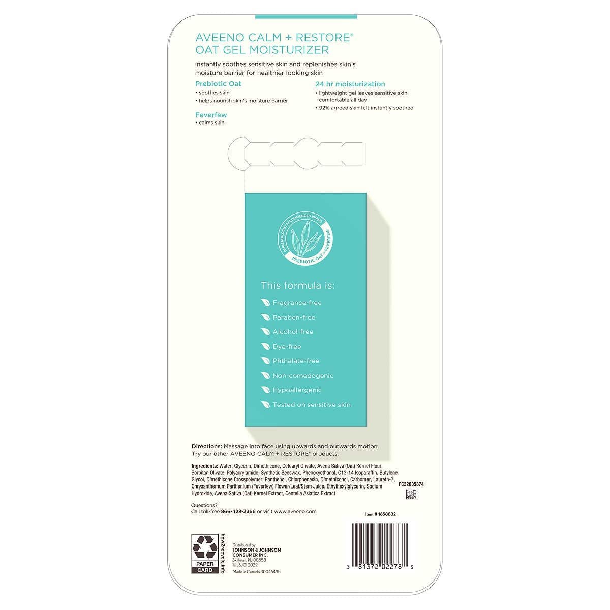 Aveeno Calm+Restore Oat Gel Face Moisturizer, Sensitive Skin, 1.7 oz - Hypoallergenic, Fragrance & Paraben-Free (Pack of 2)
