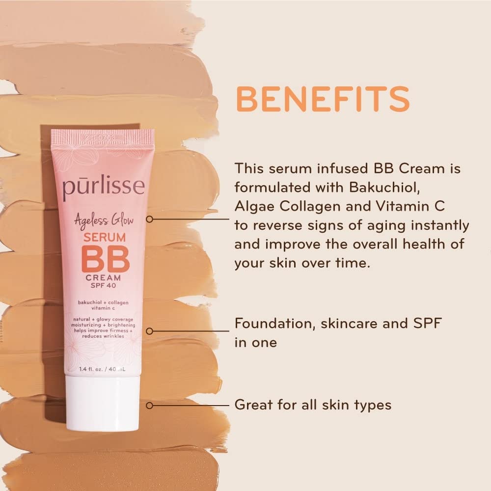 pūrlisse Ageless Glow Serum BB Cream SPF 40 - Korean Glow BB Cream with SPF Enriched with Bakuchiol & Vitamin C to Help Improve Firmness & Reduce Wrinkles for Dewy Skin - Medium Warm (1.4 oz)