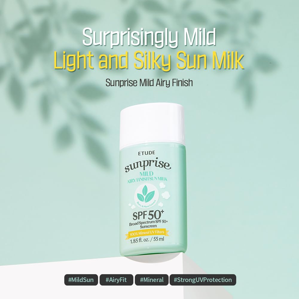 ETUDE Sunprise Mild Airy Finish Sun Milk SPF50+ / PA++++ (55ml) | Sebum-free, Non-Sticky, Long Lasting Protection, 100% Mineral Based Korean Sunscreen, Korean Skin Care