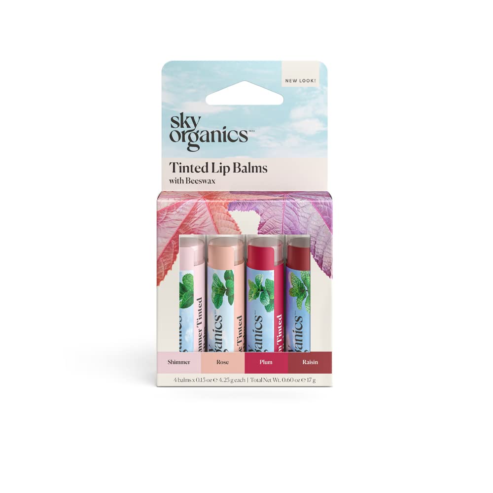 Sky Organics Tinted Lip Balms with Beeswax and a Rich Nourishing Blend of Plant Oils, Moisturizing Lip Balm to Lock In Moisture and Add A Sheer Wash Of Color & Shine, Four Assorted Flavors, 4pk.