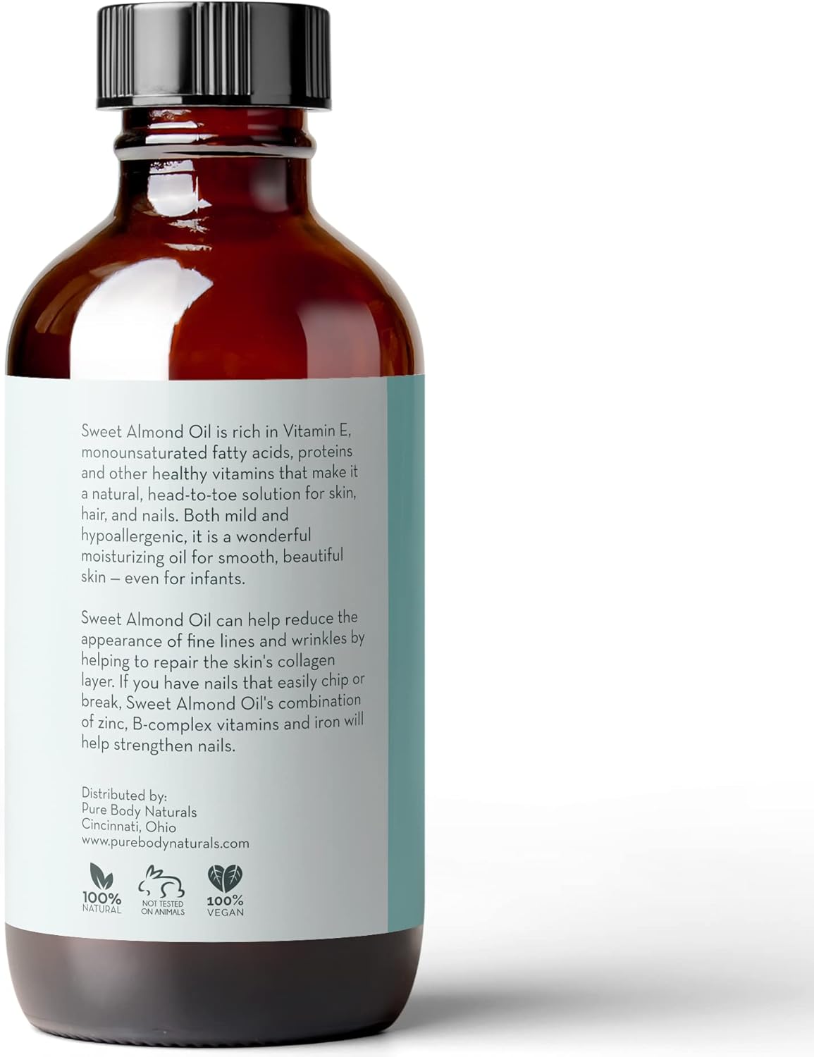 Pure Body Naturals Sweet Almond Oil – 100% Pure & Cold Pressed, for Hair, Skin, Nails & Massage (4 fl oz)