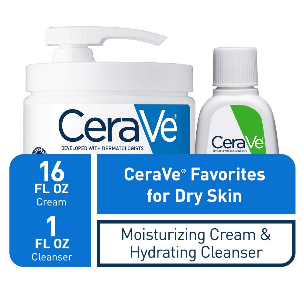 CeraVe Moisturizing Cream Combo Pack, Contains 16 Ounce with Pump & 1 Ounce Hydrating Facial Cleanser, Dry Skin Relief