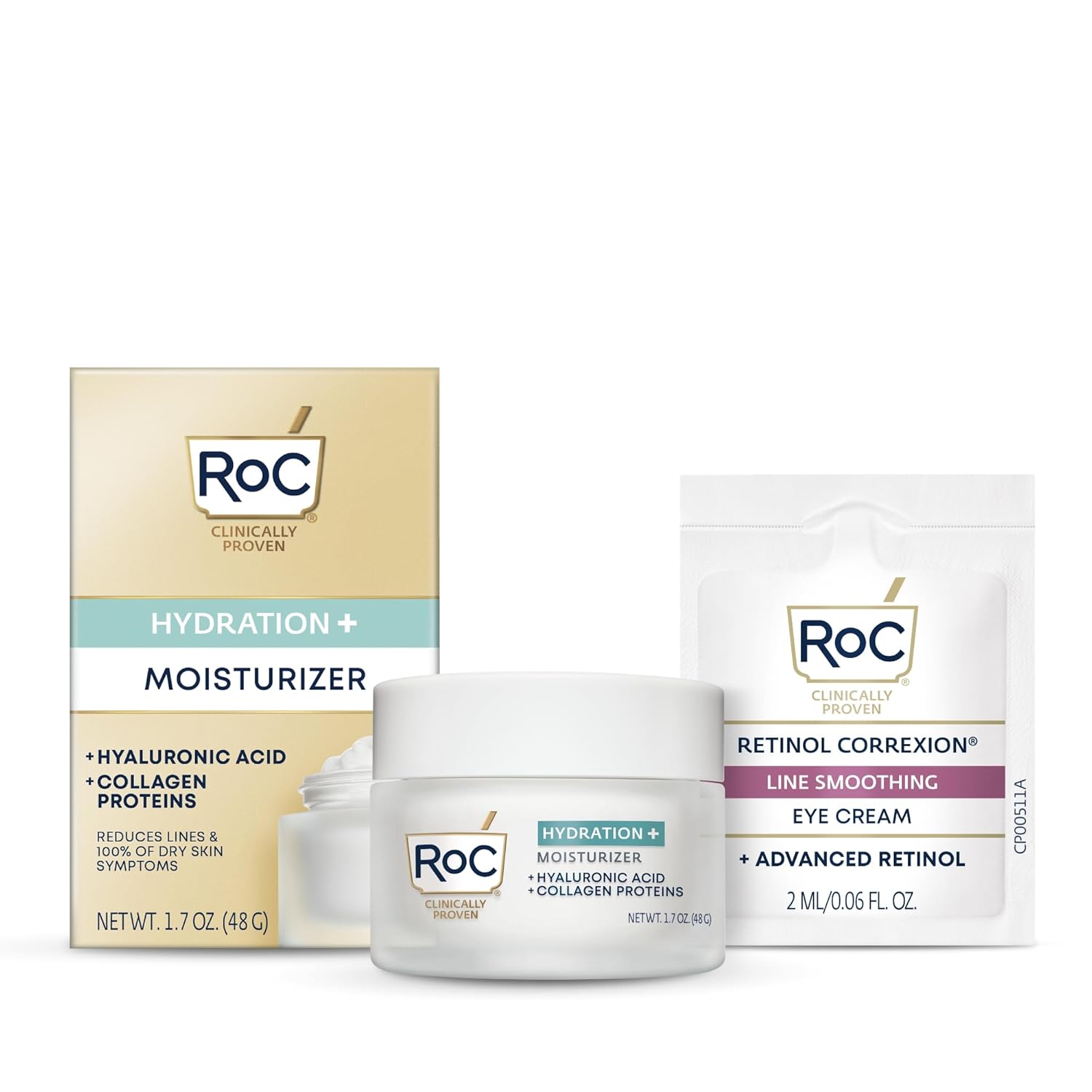 RoC Hydration+ Hyaluronic Acid Moisturizer Face Cream, Hydrating, Smoothing, Fragrance Free Formula with Collagen Proteins (1.7 Ounces) with Retinol Eye Cream Packette