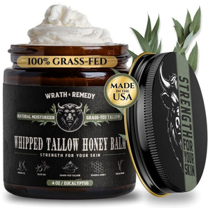 Wrath & Remedy Handmade Whipped Organic Beef Tallow for Skin - 4 OZ (Unscented) — Grass Fed Beef Tallow Moisturizer and Honey Balm for Silky, Sensitive-Skin, Eczema, Rosacea - Free of Harsh Chemicals