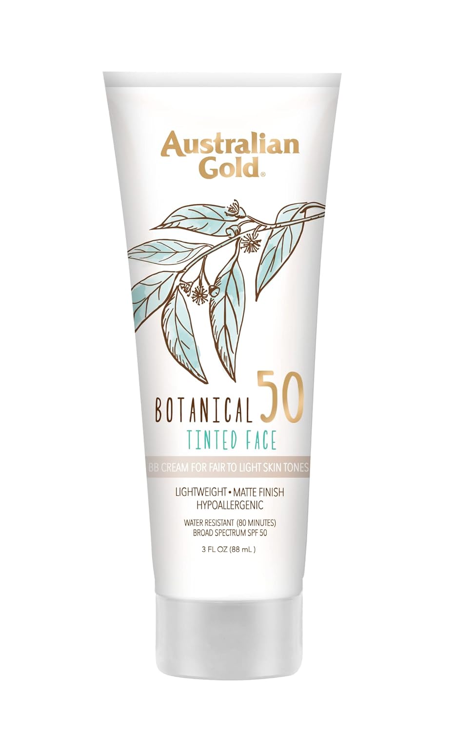 Australian Gold Botanical SPF 50 Tinted Mineral Sunscreen for Face, Non-Chemical BB Cream, Water-Resistant, Matte Finish, For Sensitive Facial Skin, Medium to Tan Skin Tones, 3 FL Oz