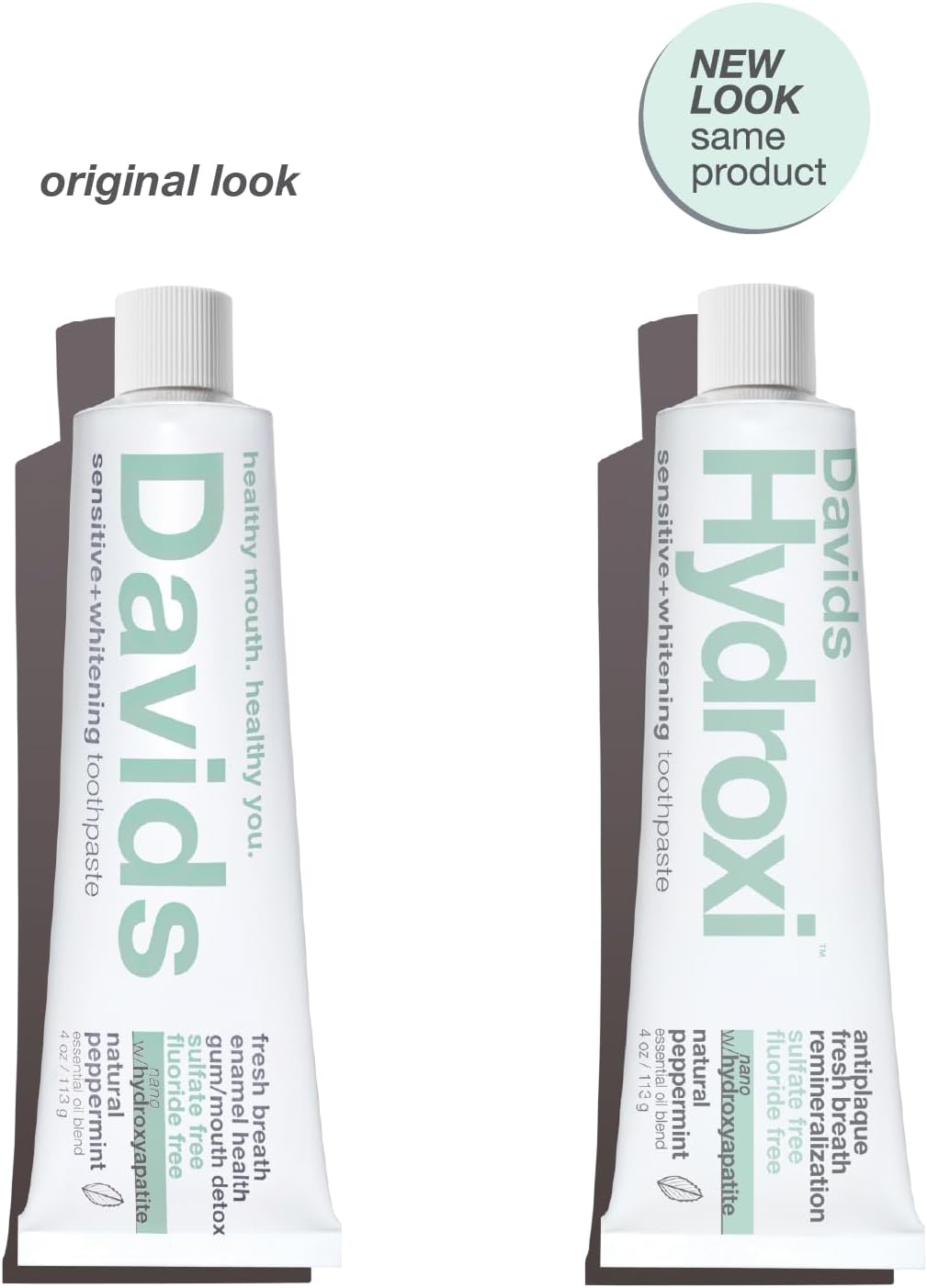 Davids Hydroxi Fluoride Free Nano Hydroxyapatite Toothpaste for Remineralizing Enamel & Sensitive Relief, Whitening, Antiplaque, SLS Free, Natural Peppermint, 4 oz, Made in USA