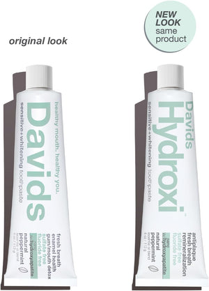 Davids Hydroxi Fluoride Free Nano Hydroxyapatite Toothpaste for Remineralizing Enamel & Sensitive Relief, Whitening, Antiplaque, SLS Free, Natural Peppermint, 4 oz, Made in USA