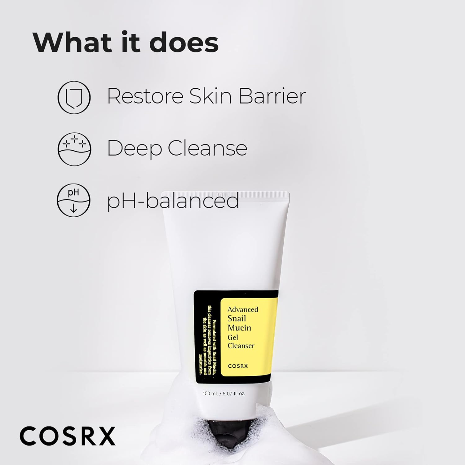 COSRX Advanced Snail Mucin Gel Cleanser, 5.07 Fl Oz / 150 mL, Rich Daily Deep Cleansing Gel for Dry & Sensitive Skin, Korean Skin Care, Not Tested on Animals, No Parabens