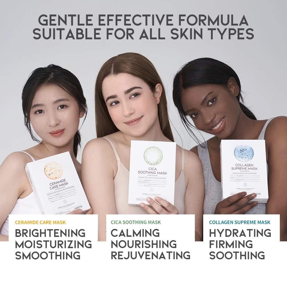 Hydrating Soothing Sheet Masks Gift Set for Skincare, Korean Vegan Sheet Mask for Dry, Sensitive Skin, Calming, Smoothing, Brightening, Collagen, Ceramide, Cica, Hyaluronic Acid 30EA
