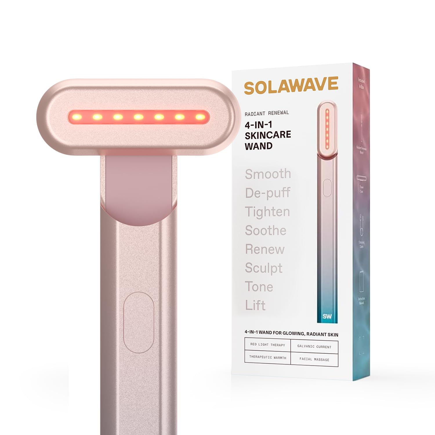 Solawave 4-in-1 Red Light Therapy Wand for Face & Neck | Beauty Device with Galvanic Current, Massager & Warmth | Anti-Aging, Wrinkle Reduction, Skin Tightening, Depuffing & Rejuvenation (Rose Gold)