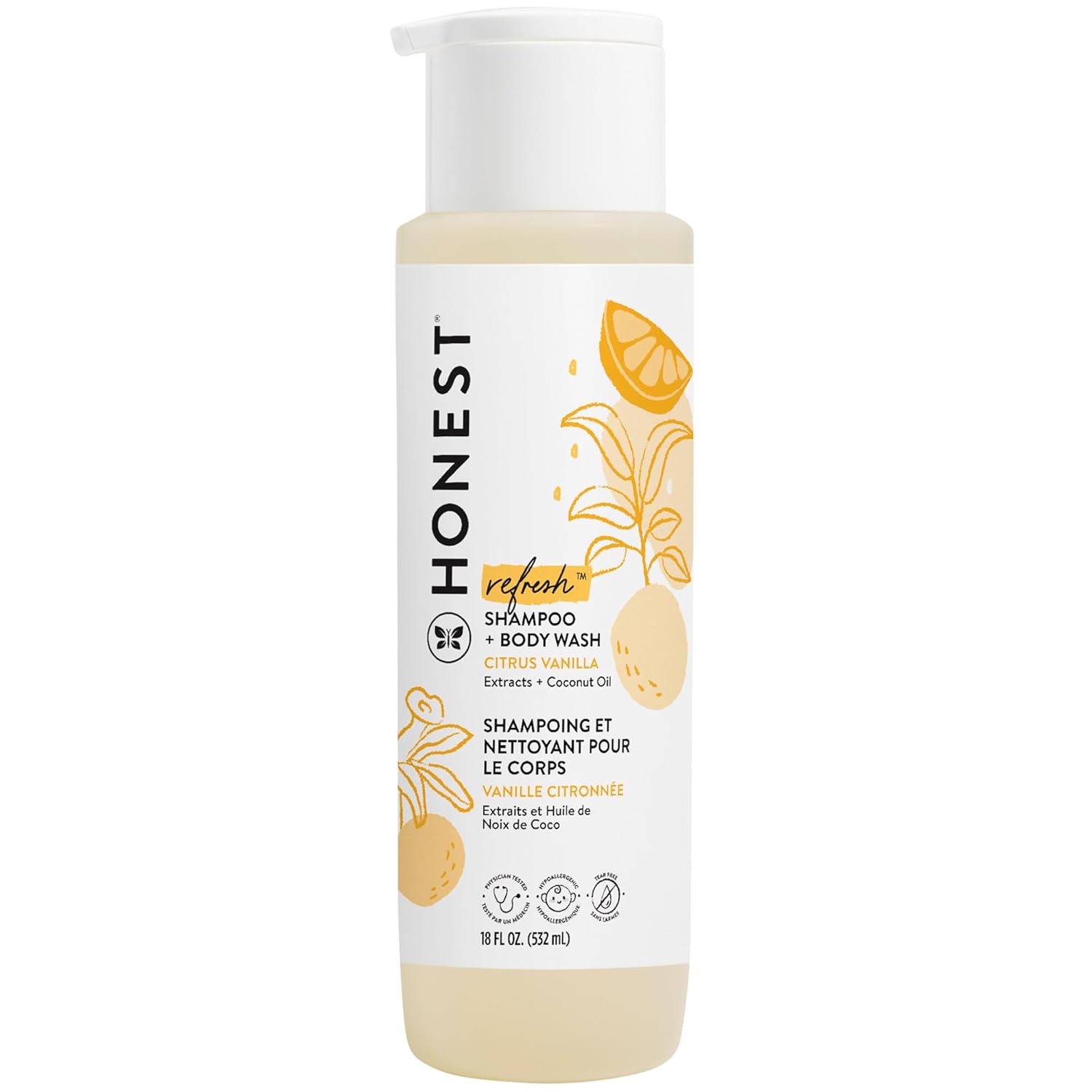 The Honest Company 2-in-1 Cleansing Shampoo + Body Wash | Gentle for Baby | Naturally Derived, Tear-free, Hypoallergenic | Citrus Vanilla Refresh, 18 fl oz