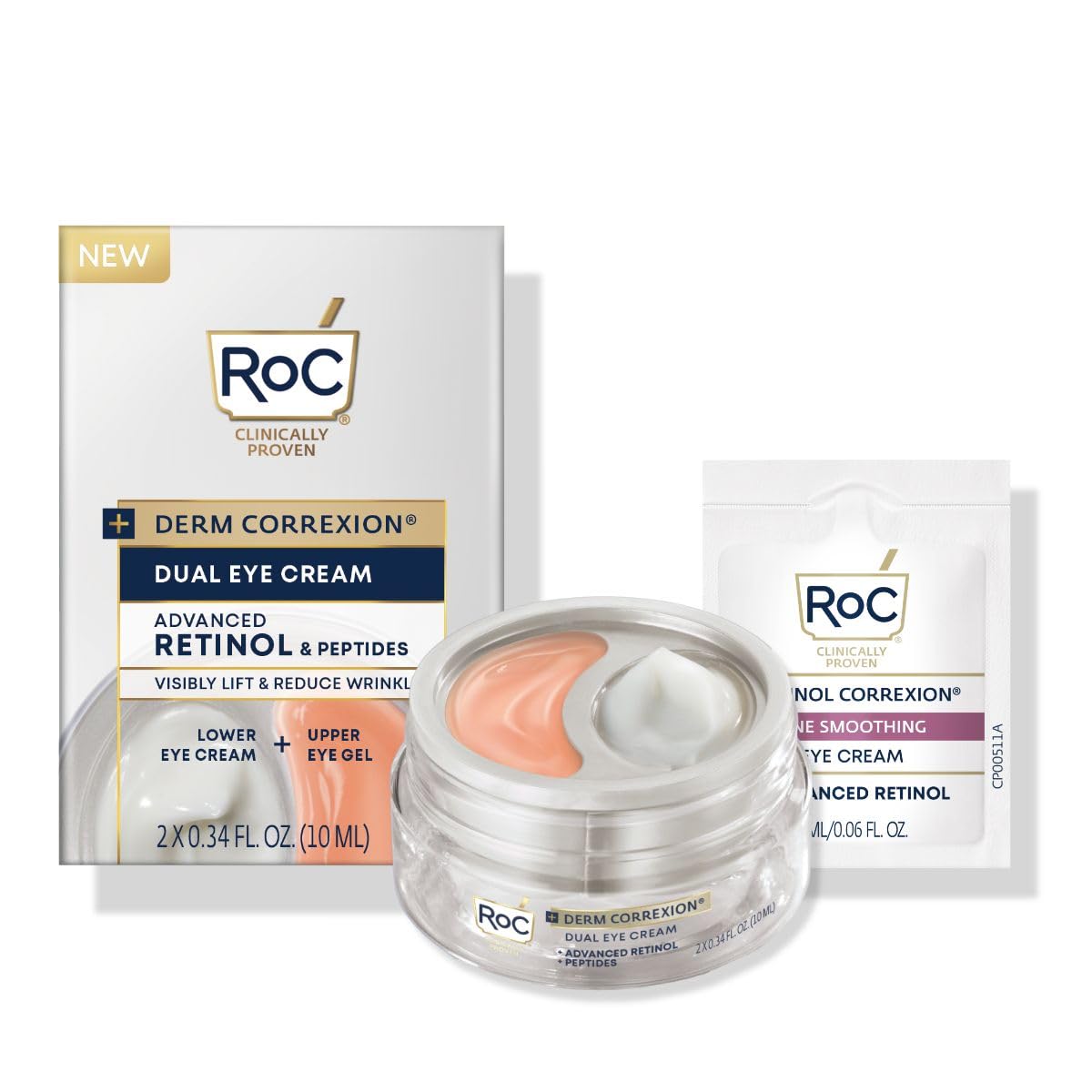 RoC Derm Correxion Dual Eye Cream with Advanced Retinol + Peptides for Puffy Eyes and Dark Circles, (.68 oz) with Retinol Eye Cream Packette