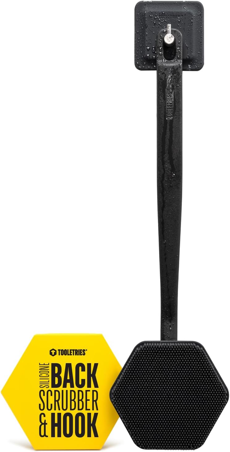 TOOLETRIES Silicone Back Scrubber with Hook - Exfoliating Shower Brush, Back Washer for Men, Durable Back Brush with Long Handle - Long Lasting Bath & Shower Accessories - Charcoal