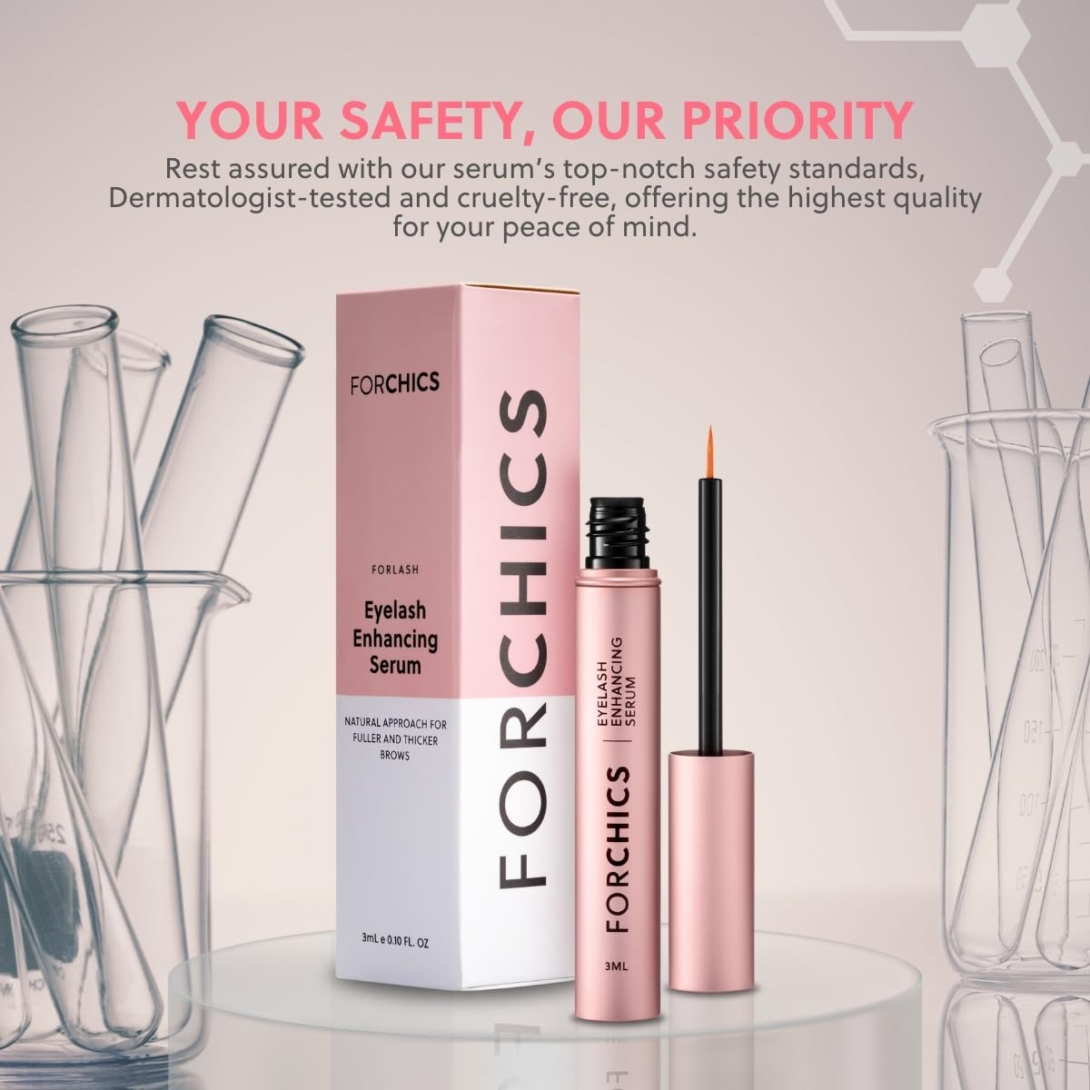 Lash & Brow Growth Serum - Hormone-Free Enhancer for Thicker, Longer Lashes & Brows in 2 Weeks - Organic, Vegan & Gentle 0.10 fl. oz / 3ml