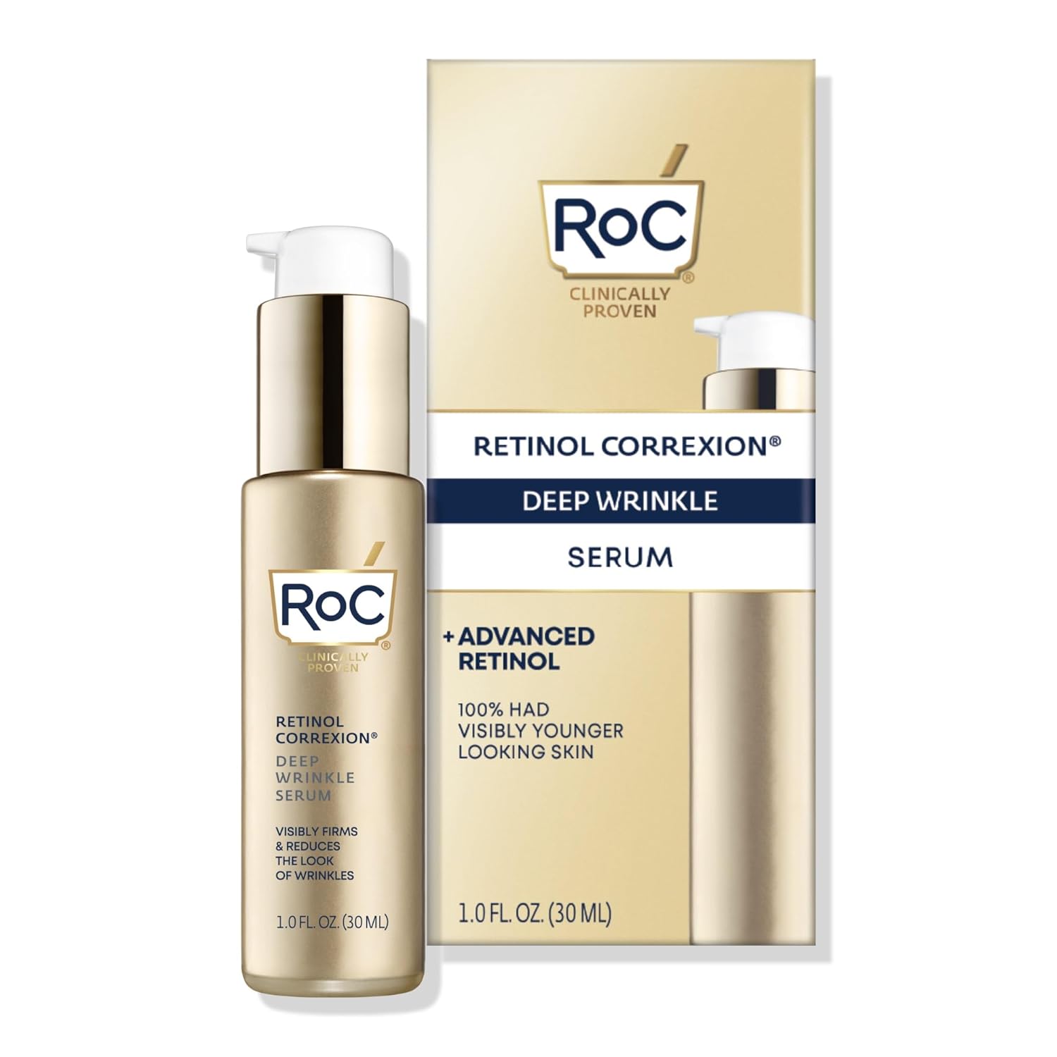 RoC Retinol Correxion Deep Wrinkle Retinol Face Serum with Ascorbic Acid, Daily Anti-Aging Skin Care Treatment for Fine Lines, Dark Spots, Acne Scars, 1 Ounce (Packaging May Vary)