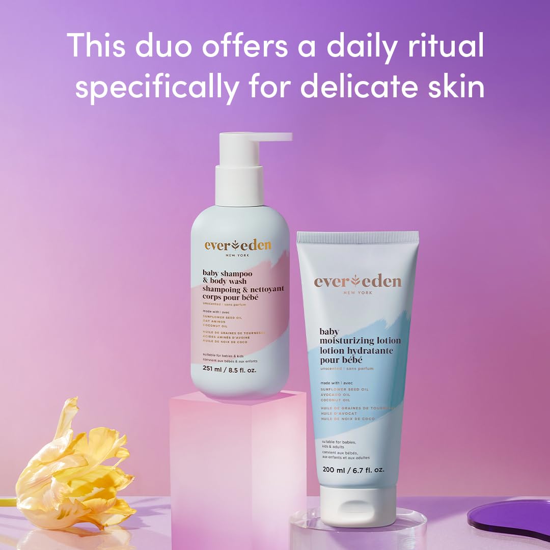 Evereden Baby Bathtime DUO: Baby Lotion for Newborn and 2-in-1 Newborn Shampoo and Body Wash Set - Soothing, Cleansing, & Hydrating Baby Shampoo and Lotion