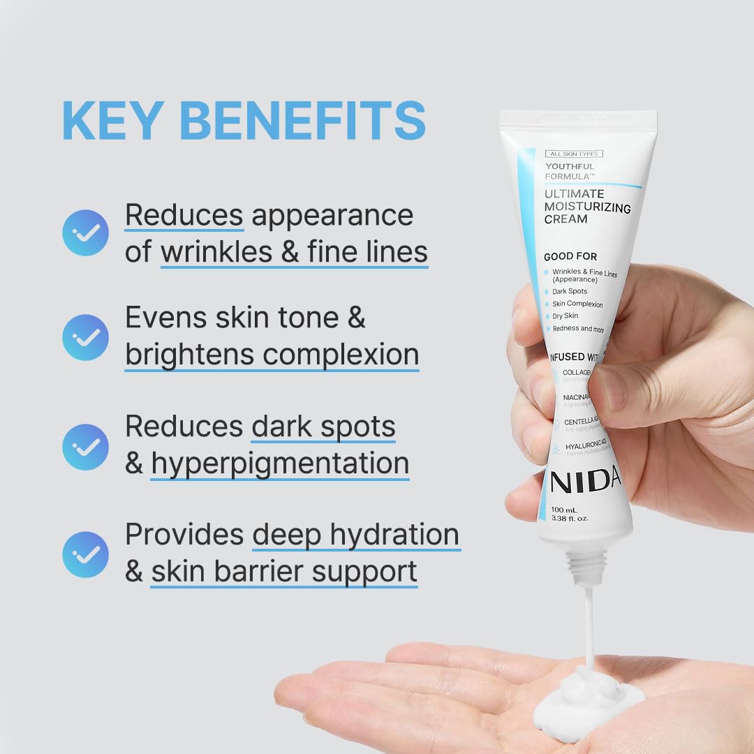 NIDA Youthful Formula™ Ultimate Moisturizing Cream | Centella Asiatica, Niacinamide, Hyaluronic Acid, Collagen | Wrinkles, Fine Lines, Dark Spots, Dry Skin, Redness | 3.38 fl. oz., 100ml