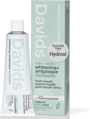 Davids Hydroxi Fluoride Free Nano Hydroxyapatite Toothpaste for Remineralizing Enamel & Sensitive Relief, Whitening, Antiplaque, SLS Free, Natural Peppermint, 4 oz, Made in USA
