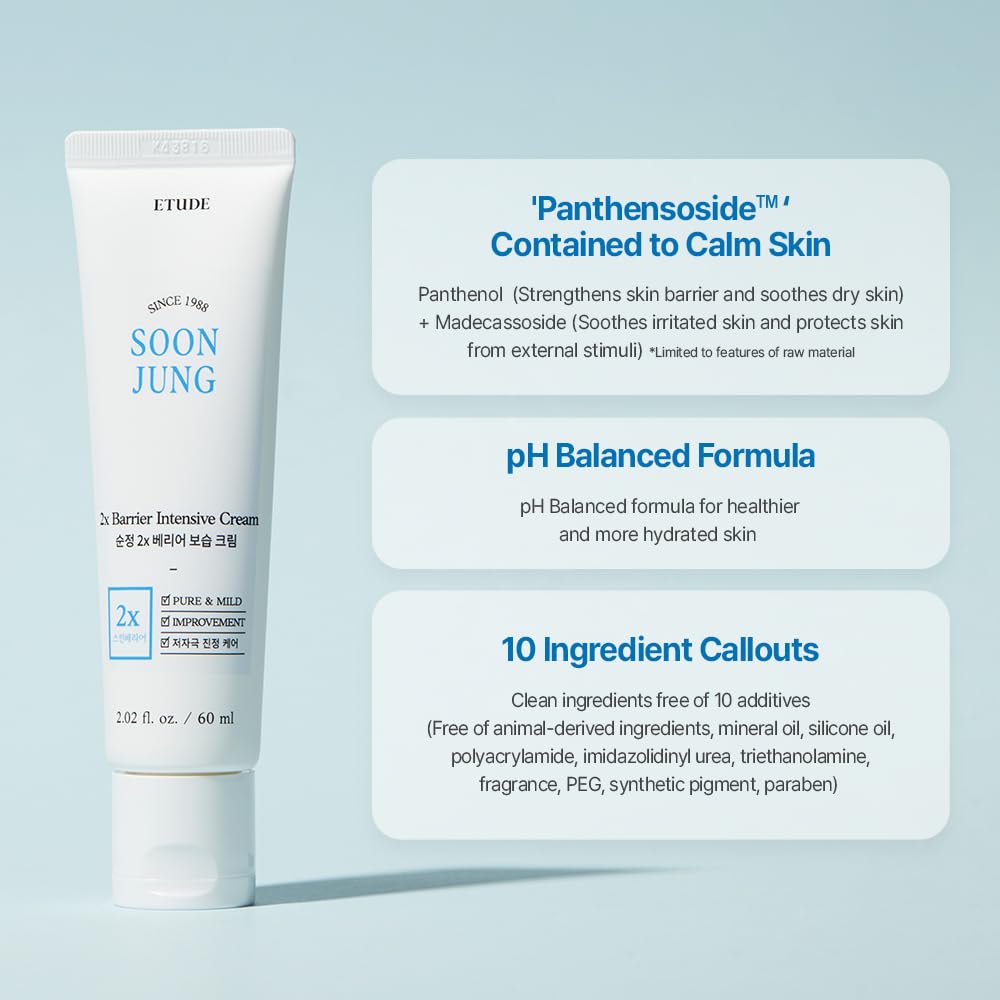 ETUDE SoonJung 2x Barrier Intensive Cream 60ml (21AD) | Hypoallergenic Shea Butter Hydrating Facial Cream for Sensitive Skin, Water-oil Balance & Panthenol for Damaged Skin | Korean Skin Care
