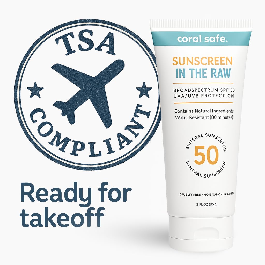 Reef Safe Sunscreen Travel Lotion SPF 50 - Mexico & Hawaii 104 Reef Act Compliant, Biodegradable, Zinc, Vitamin E, Oxybenzone & Octinoxate Free, Water Resistant, Natural Ingredients, by Coral Safe