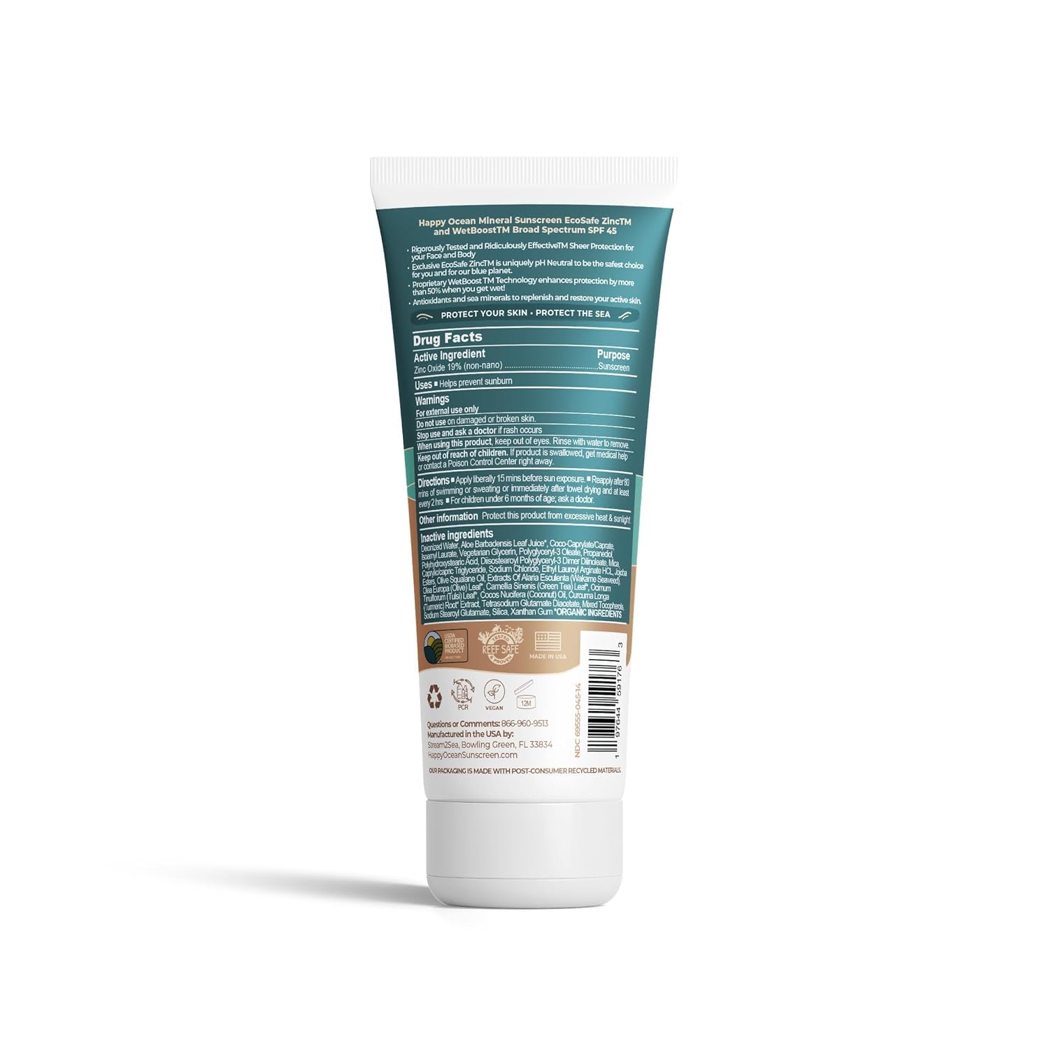 SPF 45 Biodegradable Reef Safe Sunscreen for Face & Body, Non-Nano Zinc Oxide, Natural Fragrance Free Non Toxic Organic Mineral Sunscreen, Travel Size Reef Friendly Mineral Based 2.5 Fl Oz