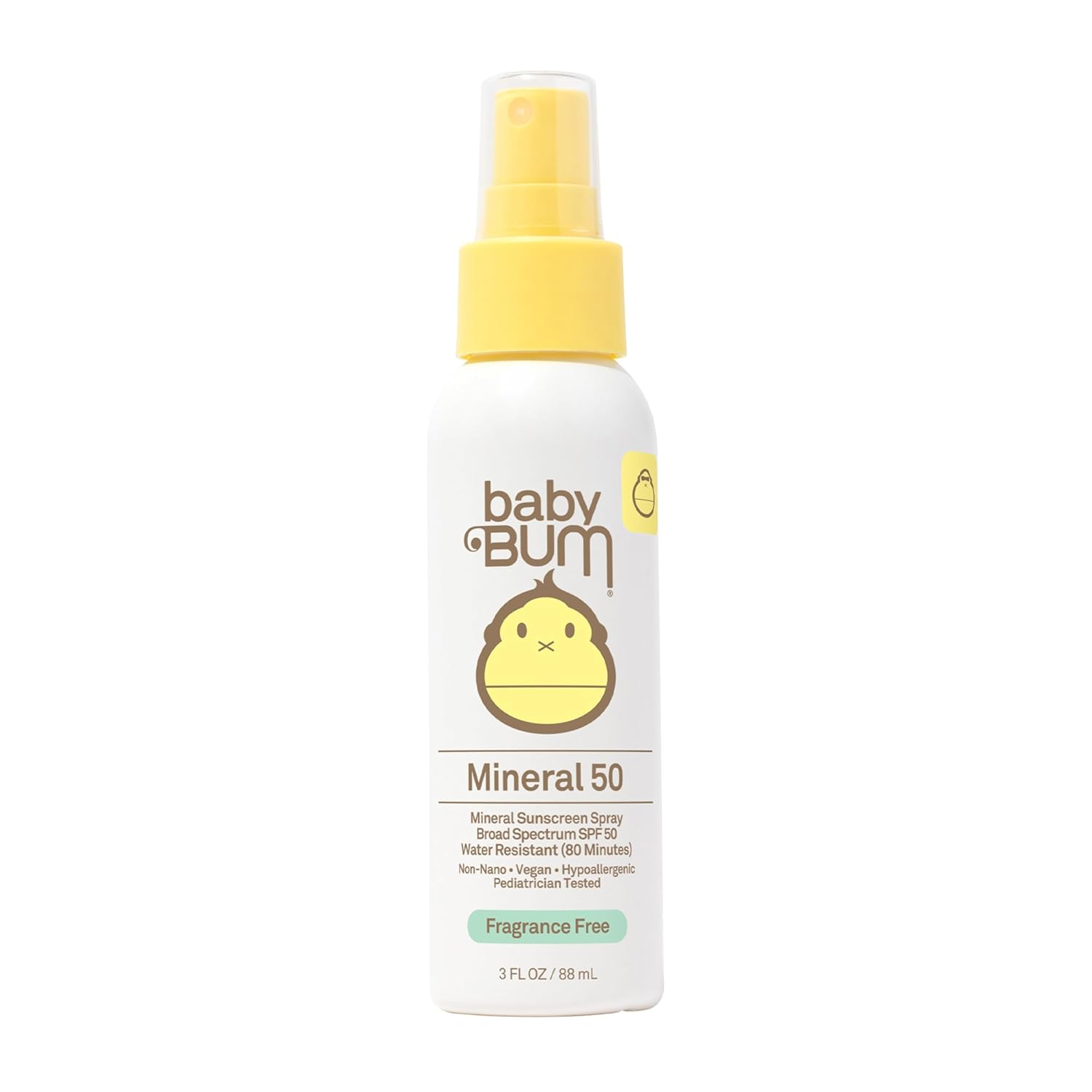 Sun Bum Baby Bum Mineral SPF 50 Sunscreen Spray - Vegan, Hawaii 104 Act Compliant (Without Octinoxate & Oxybenzone) - UVA/UVB Body Protection for Sensitive Skin - Fragrance Free - Travel Size - 3 oz