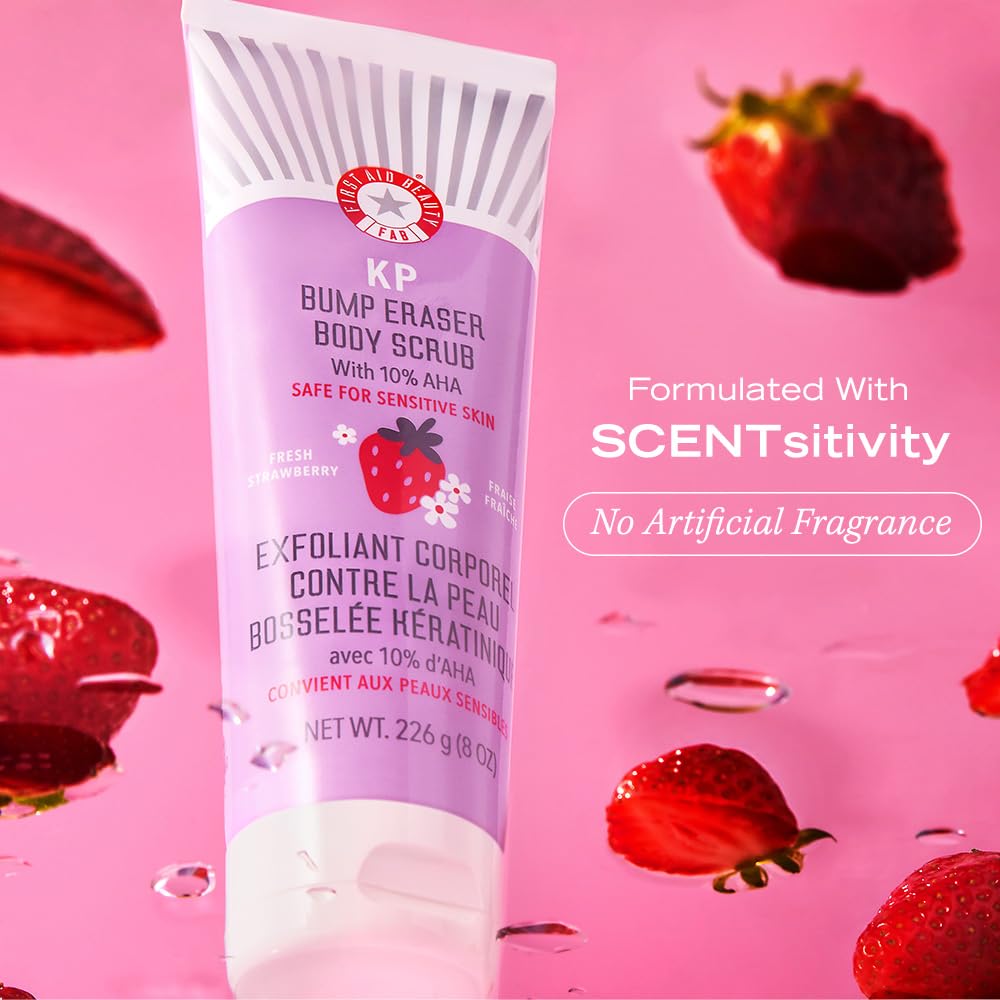 First Aid Beauty - KP Bump Eraser Body Scrub with 10% AHA, Keratosis Pilaris Exfoliator with Glycolic and Lactic acids, Helps Reduce Chicken Skin Bumps, Safe for Sensitive Skin, Strawberry Scent, 8 oz