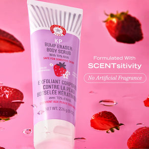 First Aid Beauty - KP Bump Eraser Body Scrub with 10% AHA, Keratosis Pilaris Exfoliator with Glycolic and Lactic acids, Helps Reduce Chicken Skin Bumps, Safe for Sensitive Skin, Strawberry Scent, 8 oz