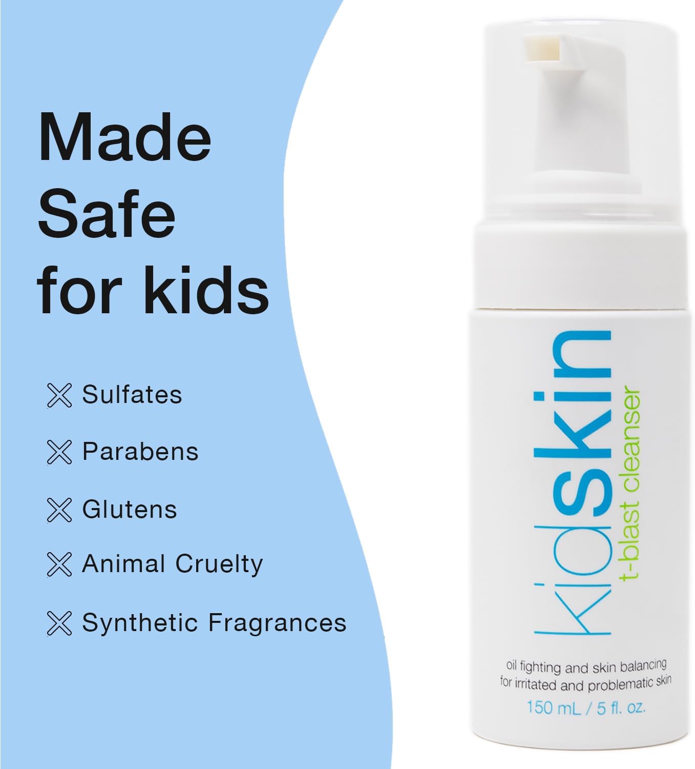 Kidskin T-Blast Facial Cleanser, Gentle Face Wash with Tea Tree Oil, Spot Skin Care for Kids and Teens, Non-Drying Natural Cleanser for Oily or Dry, Acne-Prone Skin, 150 ml 5.0 fl oz.