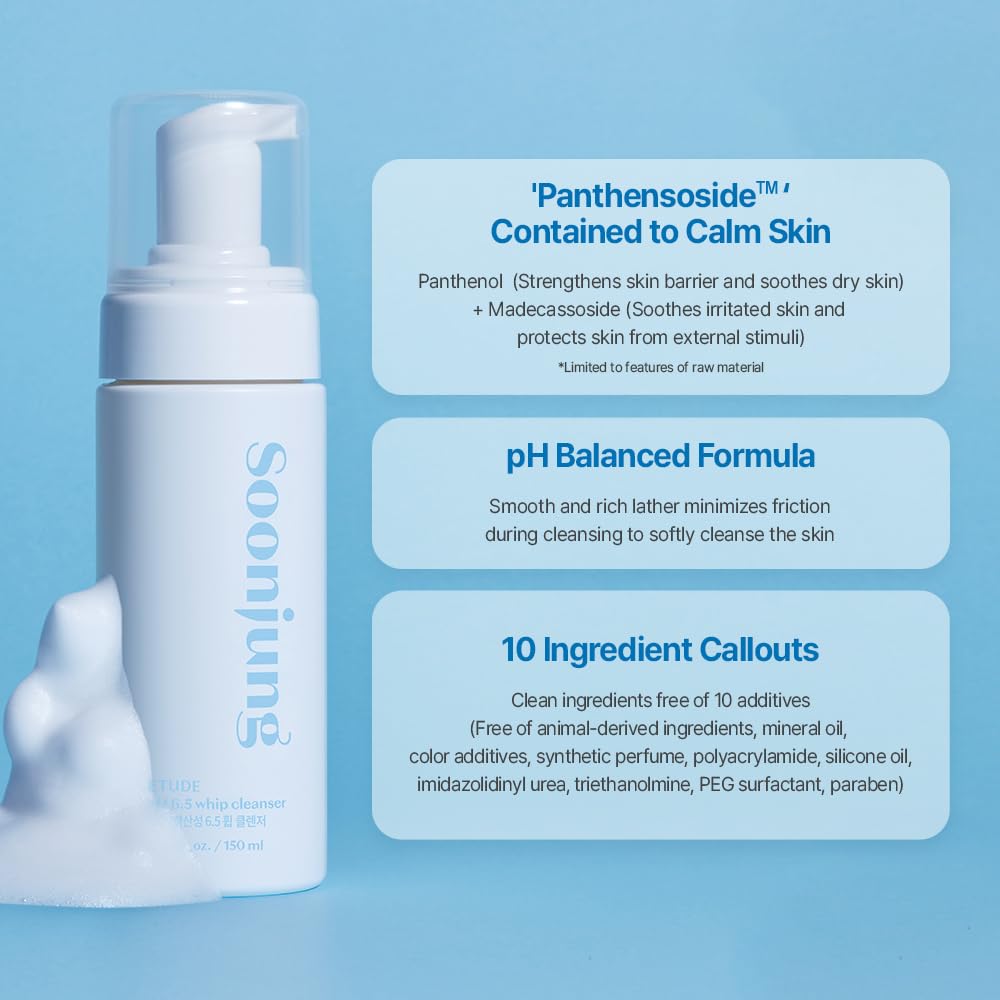 ETUDE SoonJung pH 6.5 Whip Cleanser 8.45 fl.oz (250ml) | Non Comedogenic & Hypoallergenic Soft Bubble Facial Wash for Sensitive Skin | Fragrance-Free & Low-pH Vegan Facial Cleansing Foam | K-Beauty