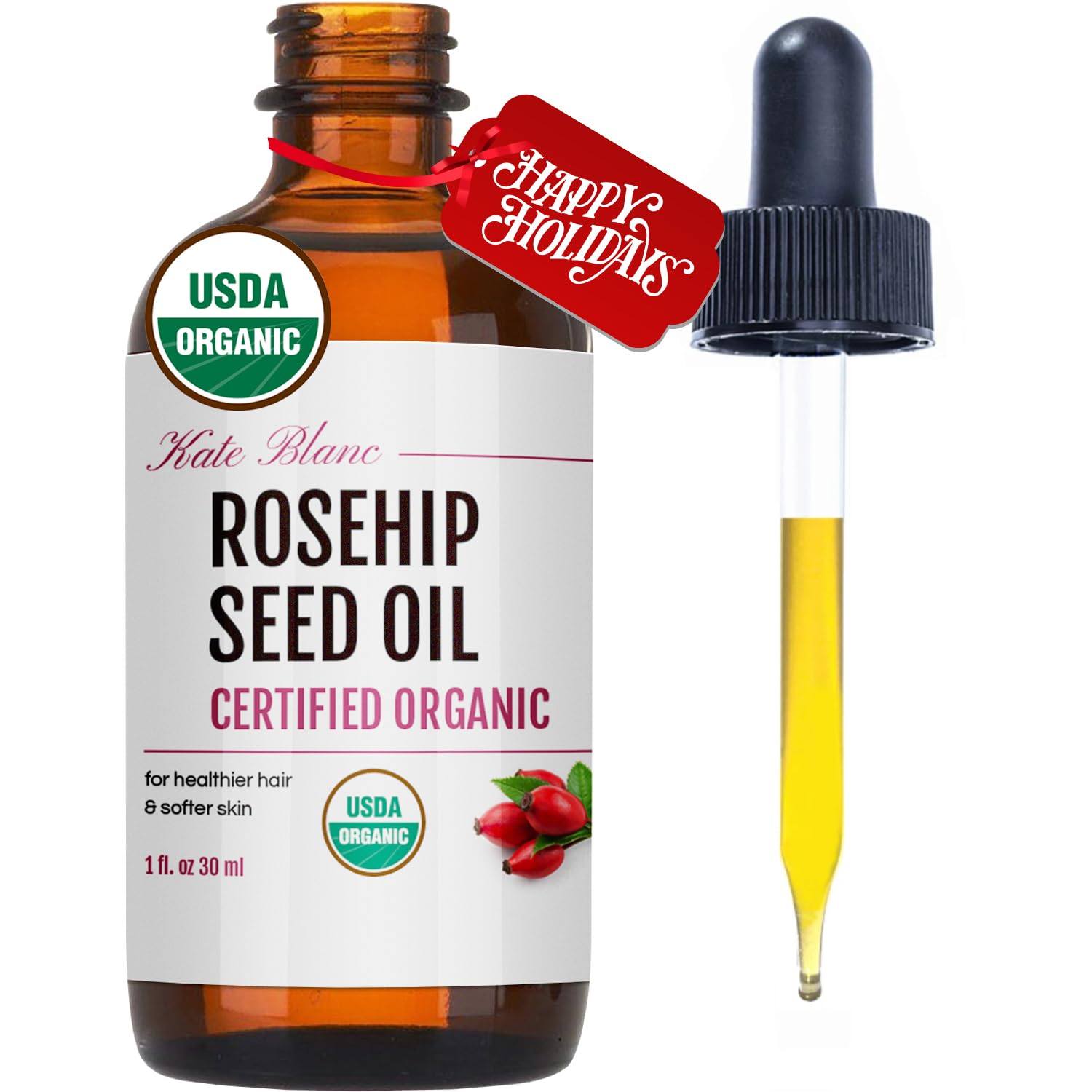 Kate Blanc Cosmetics Rosehip Oil for Face & Skin (1oz, Organic, Pure, Cold Pressed) Rosehip Seed Face Oil for Facial & Gua Sha Massage