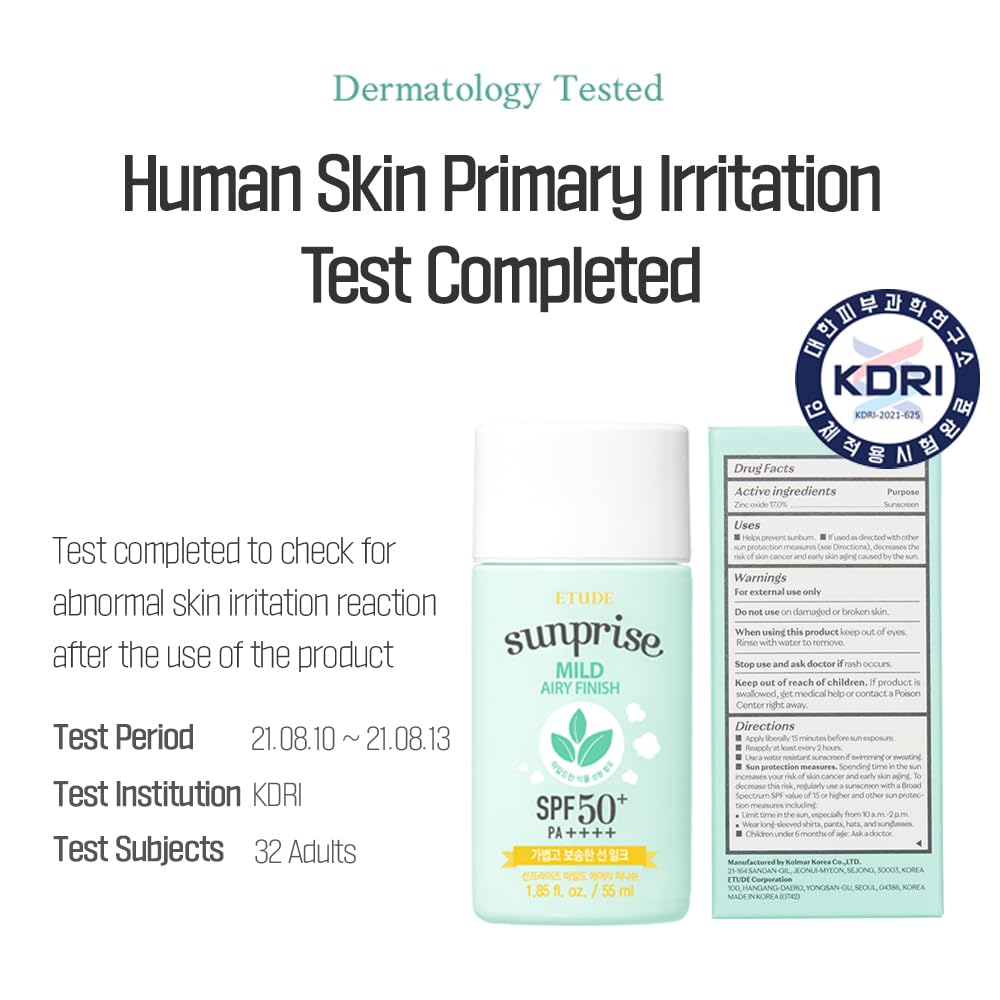 ETUDE Sunprise Mild Airy Finish Sun Milk SPF50+ / PA++++ (55ml) | Sebum-free, Non-Sticky, Long Lasting Protection, 100% Mineral Based Korean Sunscreen, Korean Skin Care