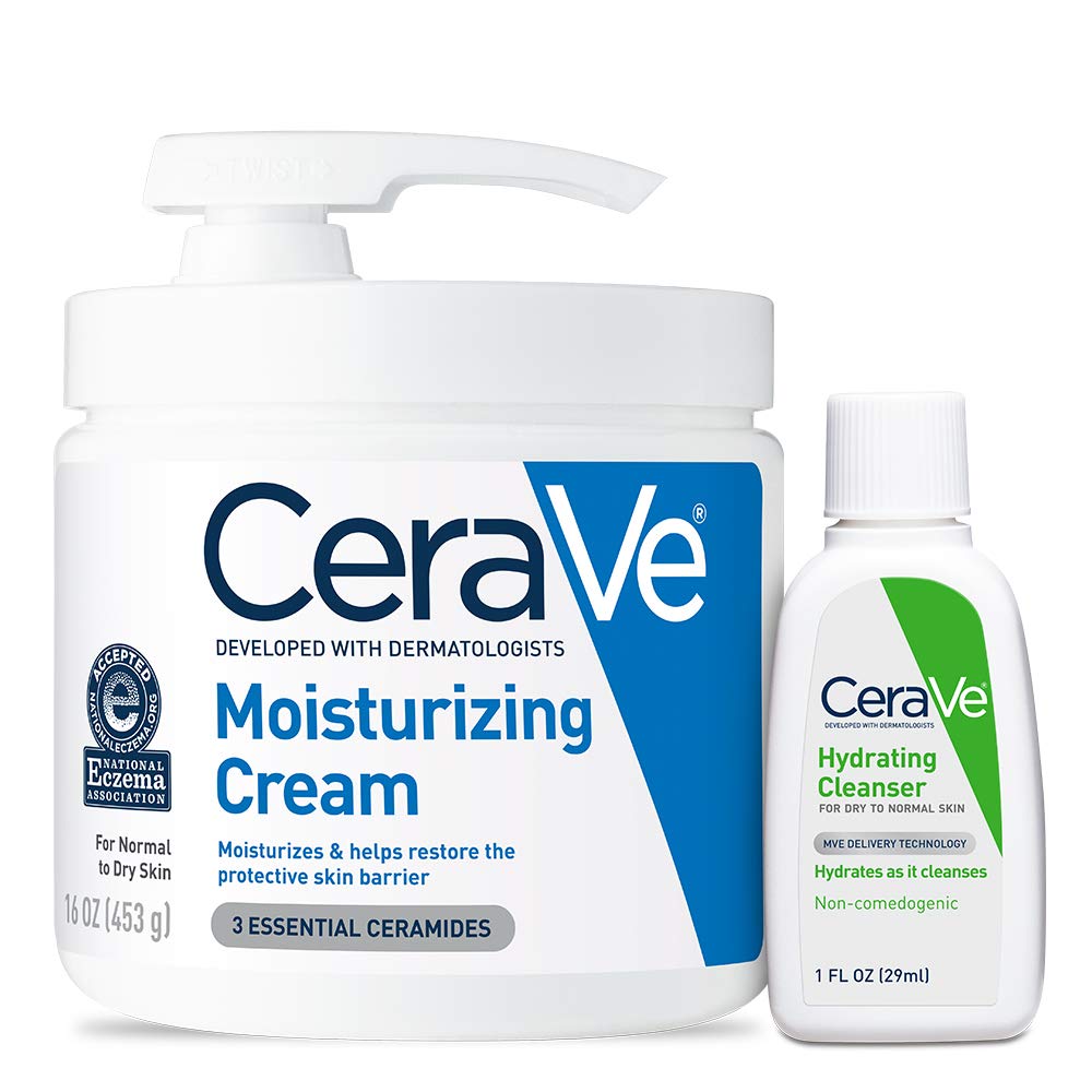 CeraVe Moisturizing Cream Combo Pack, Contains 16 Ounce with Pump & 1 Ounce Hydrating Facial Cleanser, Dry Skin Relief