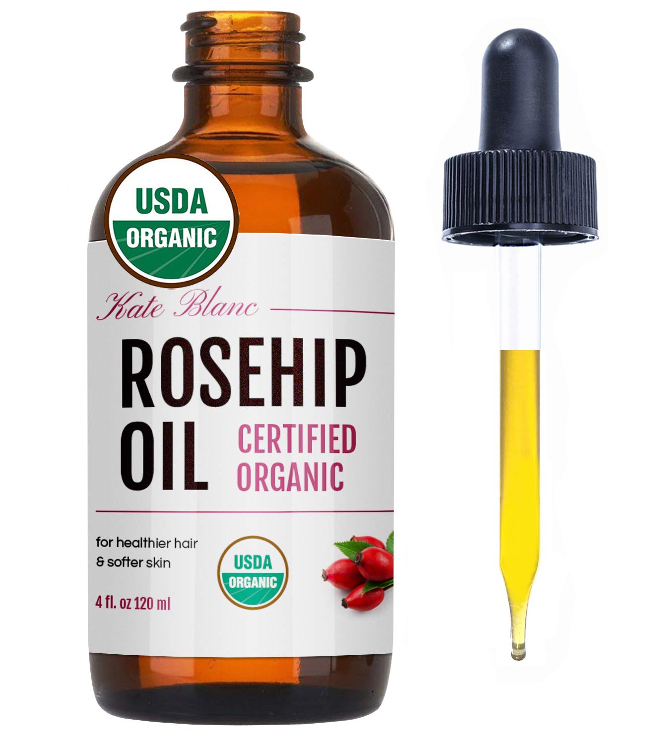 Kate Blanc Cosmetics Rosehip Oil for Face & Skin (1oz, Organic, Pure, Cold Pressed) Rosehip Seed Face Oil for Facial & Gua Sha Massage