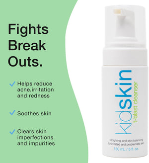 Kidskin T-Blast Facial Cleanser, Gentle Face Wash with Tea Tree Oil, Spot Skin Care for Kids and Teens, Non-Drying Natural Cleanser for Oily or Dry, Acne-Prone Skin, 150 ml 5.0 fl oz.
