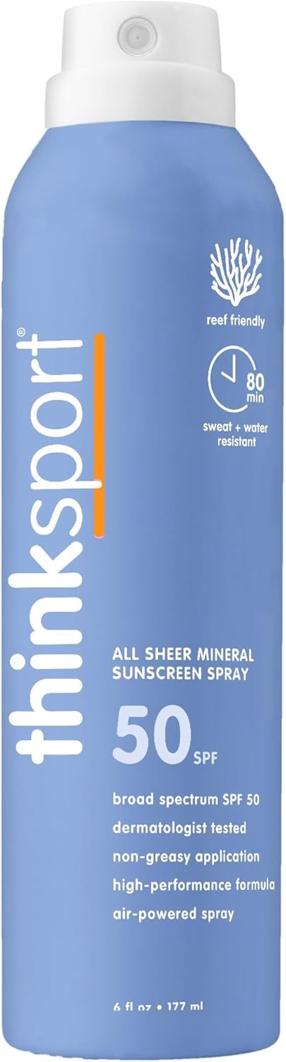 Thinksport Spray Sunscreen, All Sheer SPF 50 Zinc Oxide Mineral Sunscreen, 6 Fl Oz, Natural, Water Resistant, Reef Safe, Broad Spectrum UVA/UVB Sun Block for Sun Protection, Vegan