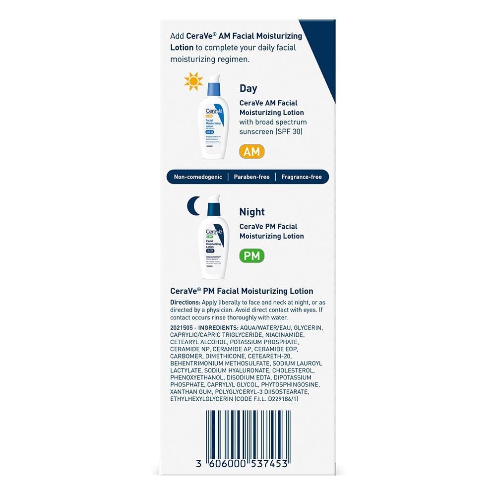 CeraVe PM Facial Moisturizing Lotion, Night Cream with Hyaluronic Acid and Niacinamide, Ultra-Lightweight, Oil-Free Moisturizer for Face, 3 Ounce